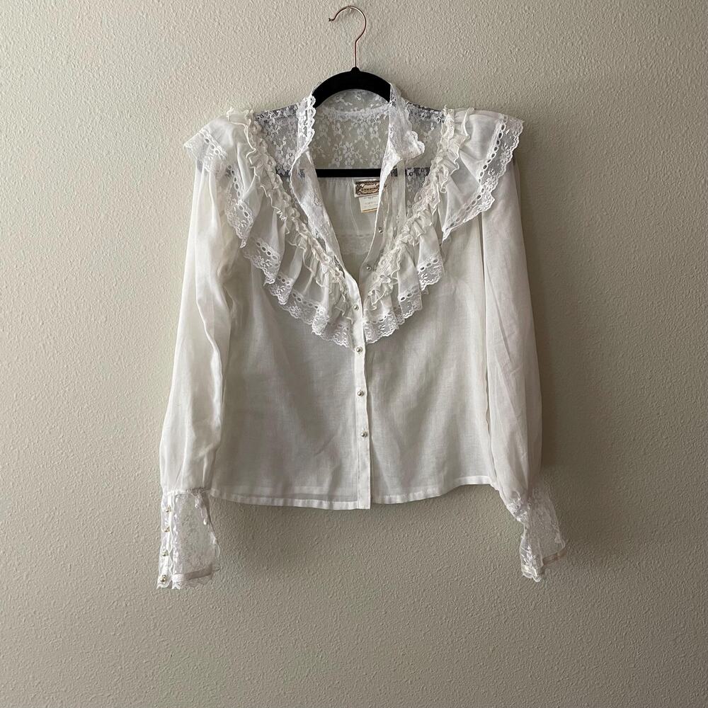70s Gunne Sax Edwardian Lace Ruffle Blouse Victorian White Top 1970s size small - Picture 3 of 10